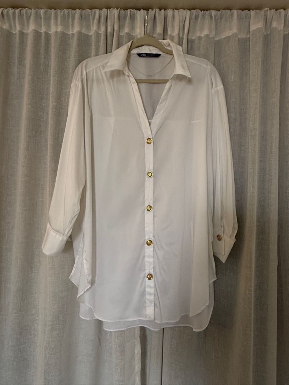 Zara White Button-Down Long Sleeve Shirt with Gold Buttons